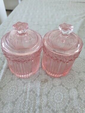 Set of 2 Pink Glass Jars For Bathroom